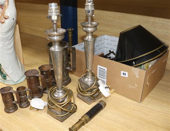 A quantity of mixed collectables including a pair of lamps, clip-on skates, tools, measures, telescope, etc. lamps height 40cm